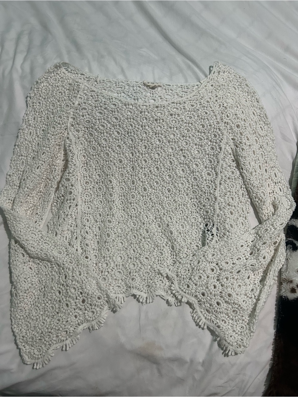Women’s White Crochet Bell-Sleeve Sweater